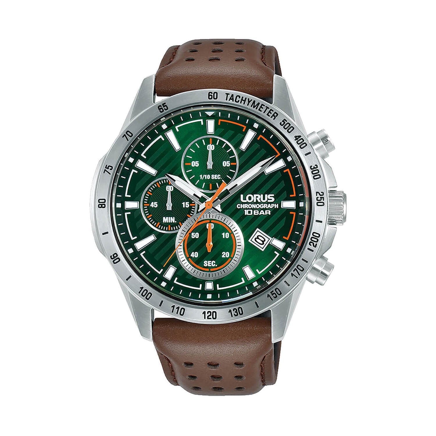 Lorus Quartz Chronograph 43mm Green Dial Brown Strap Watch