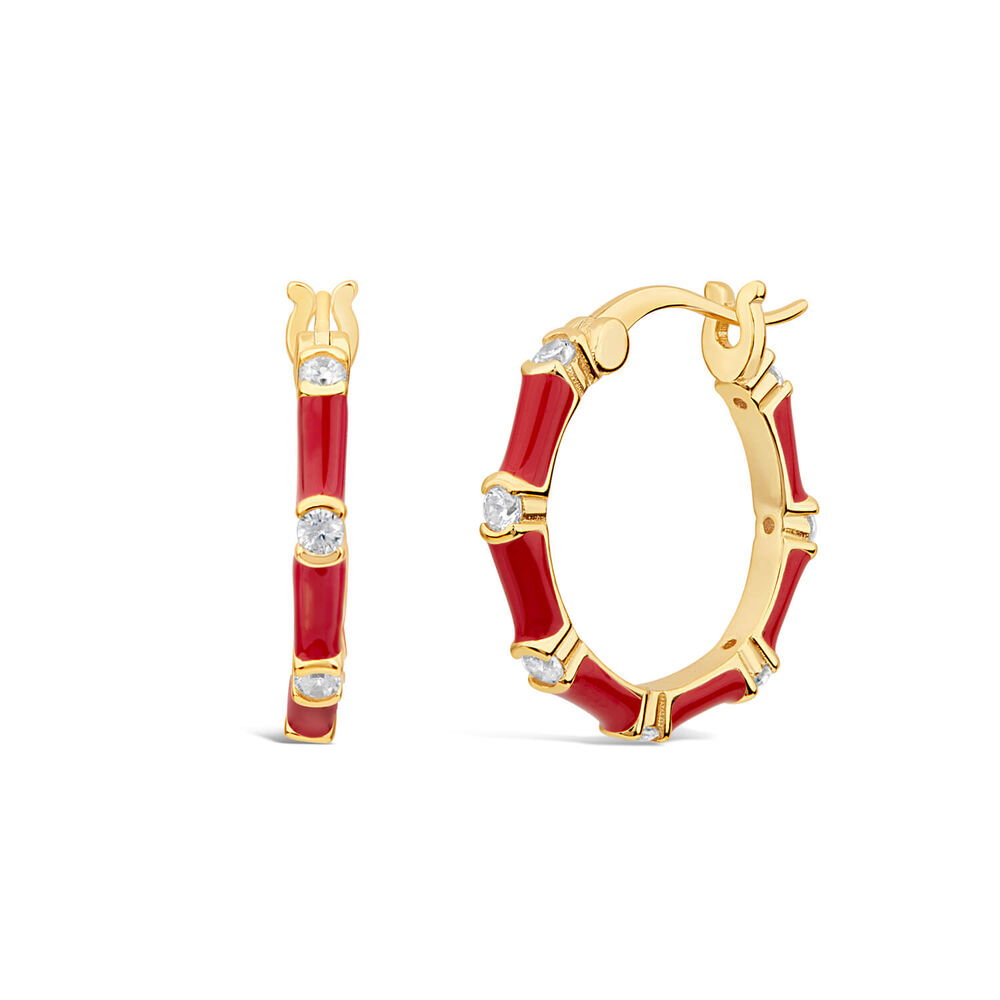 Silver & Yellow Gold Plated Red Enamel & Cubic Zirconia Hoop Earrings