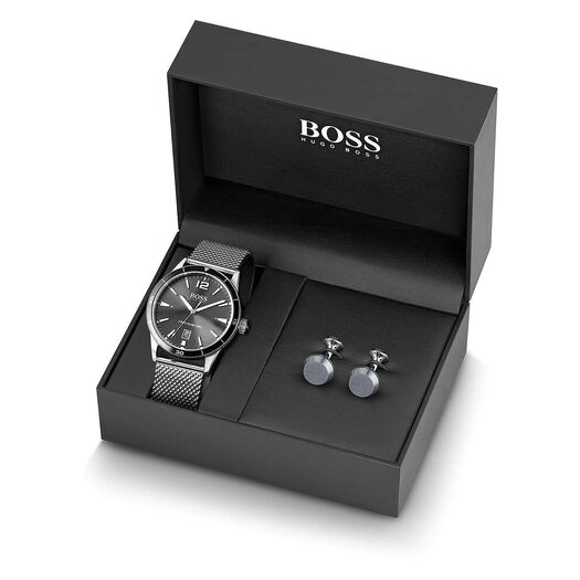 Hugo Boss Box Set Drifter Steel Mesh Bracelet Watch With Silver Cufflink Gift Set