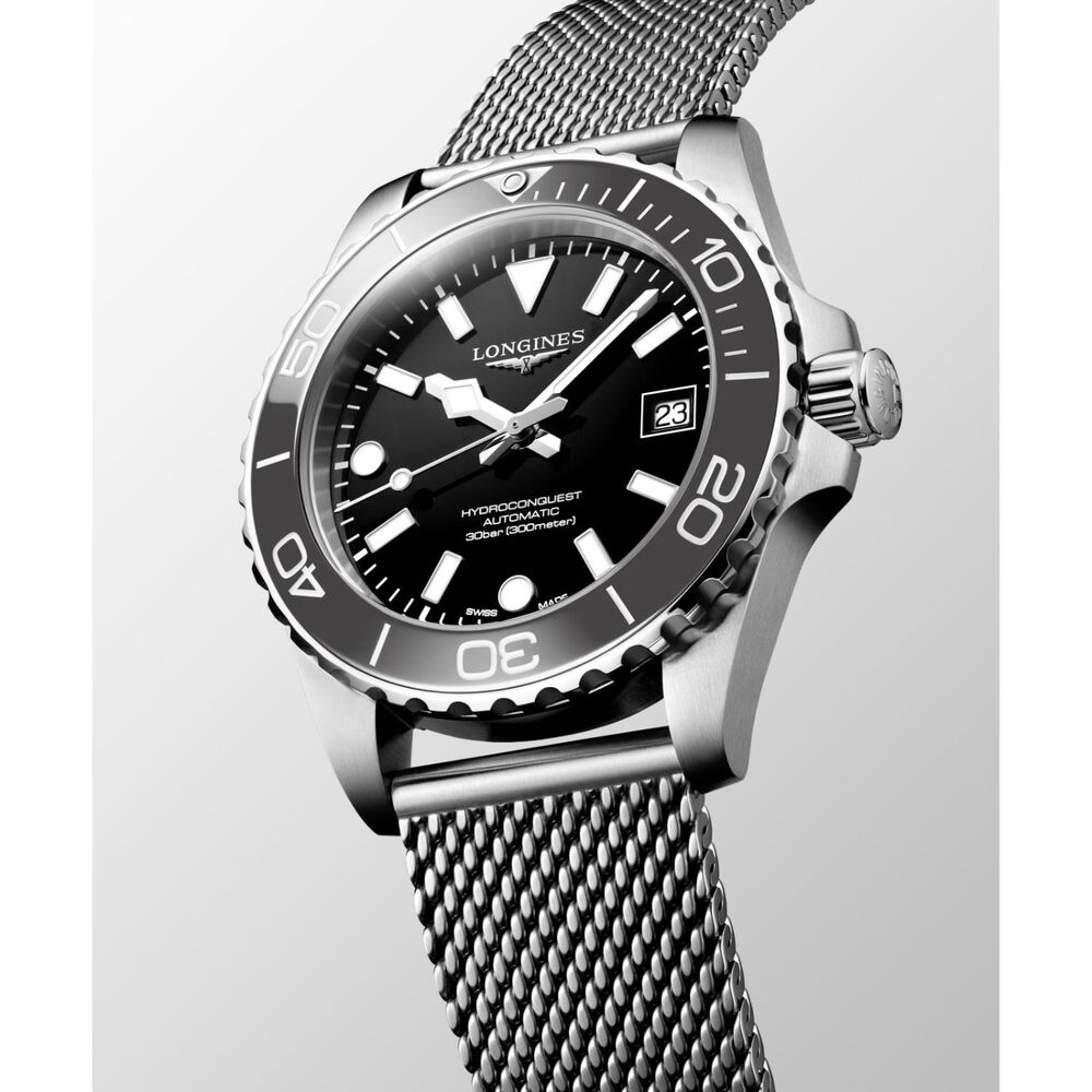 Longines HydroConquest 39mm Black Dial & Bezel Steel Mesh Bracelet Watch