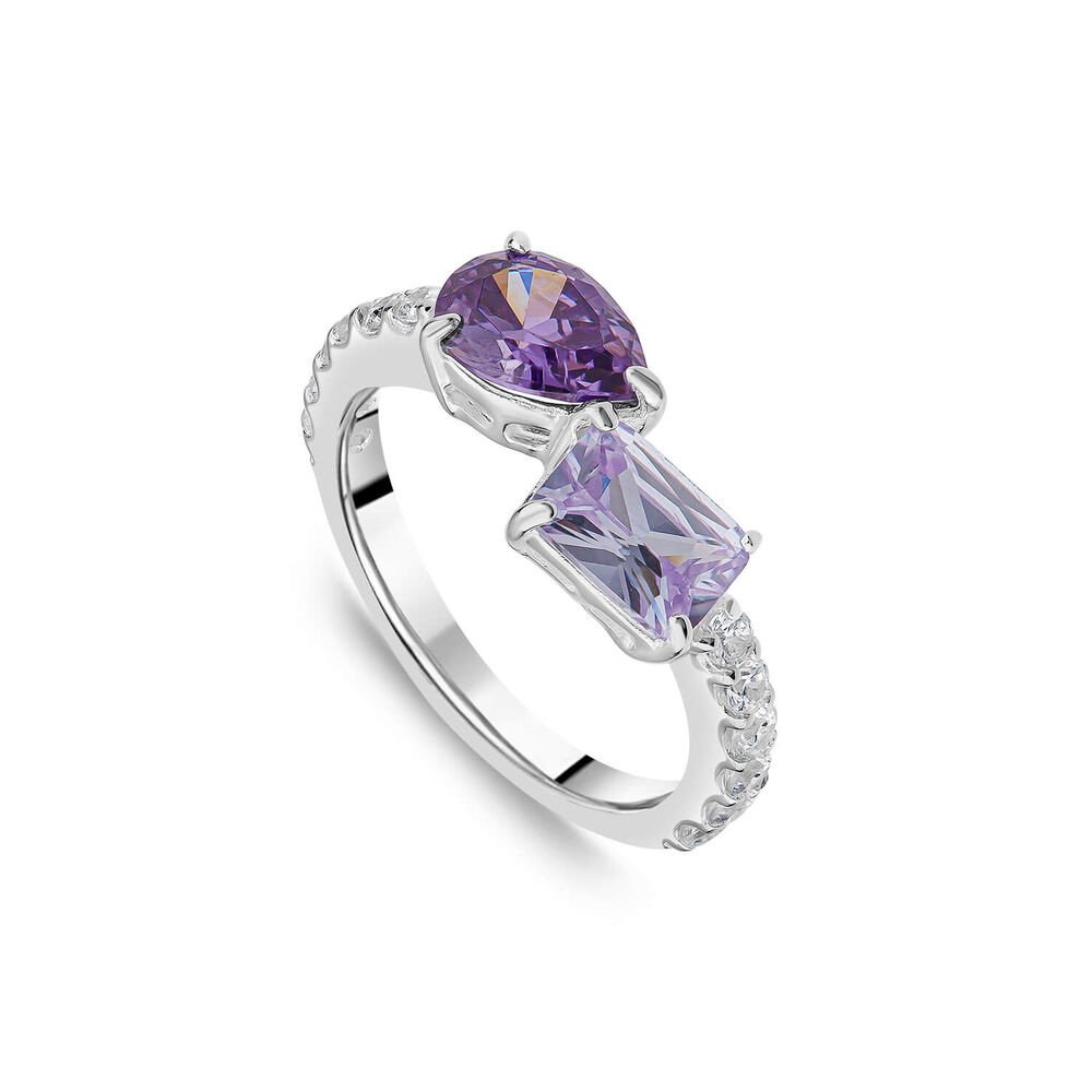 Sterling Silver Pear & Emerald Cut Purple & Lavender Cubic Zirconia Toi Et Moi Shoulders Ring image number 0