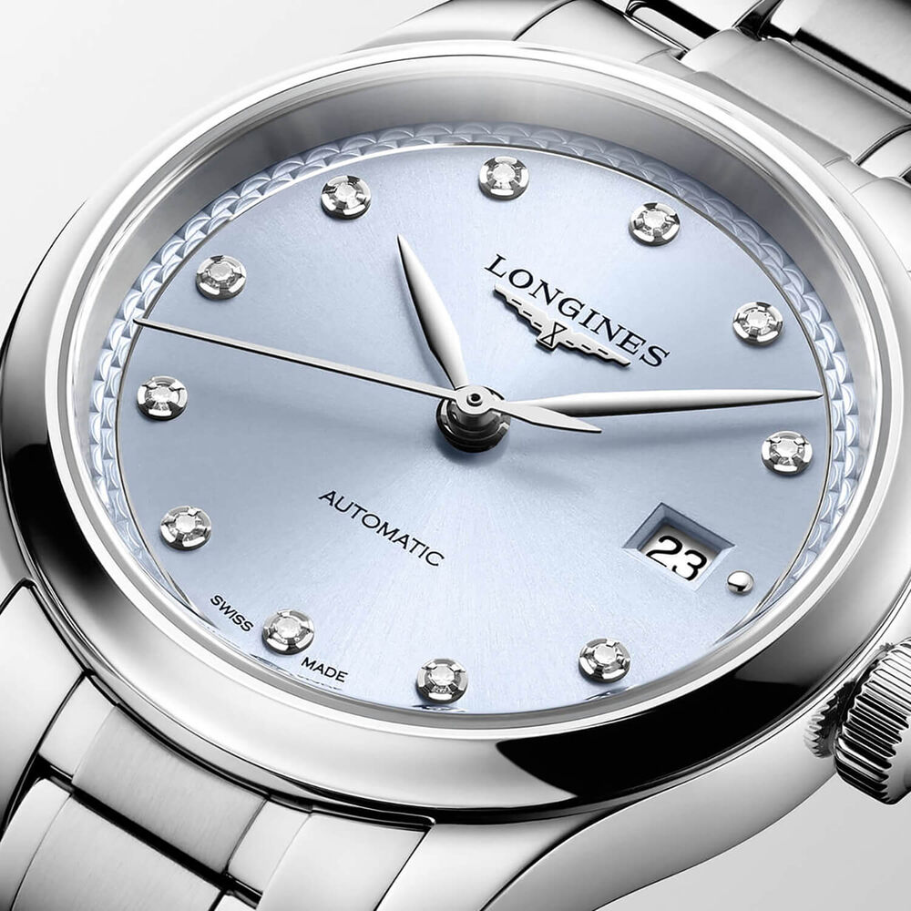 Longines Master Collection 30mm Frosted Blue Sunray Dial Diamond Dots Steel Bracelet Watch