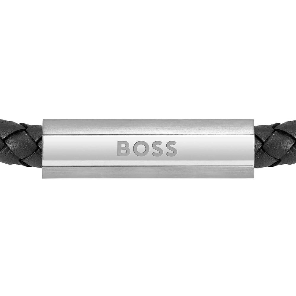 BOSS Braided Black Leather Mens Bracelet
