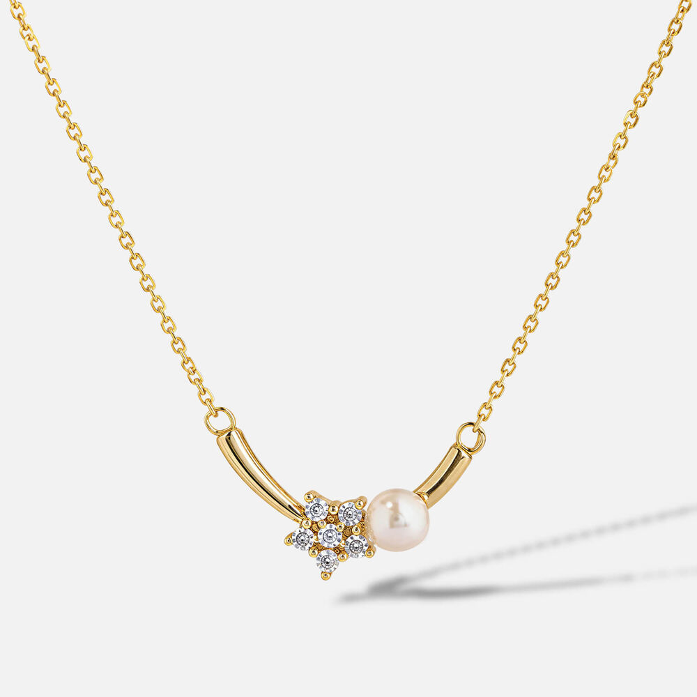 Yellow Gold Plated Sterling Silver Cubic Zirconia Flower & Pearl Bar Necklet