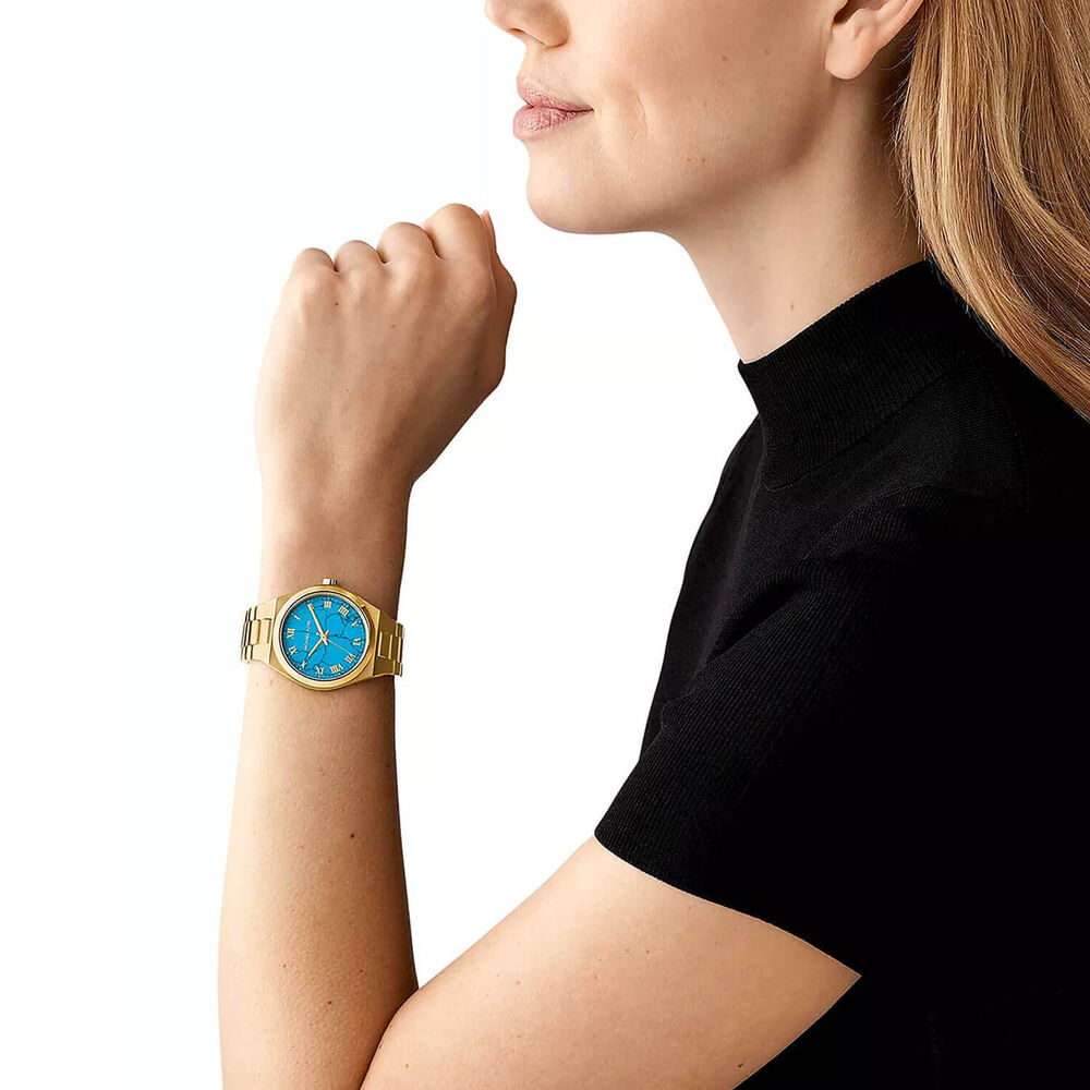 Michael Kors Lennox 37mm Turqoise Dial Yellow Gold Tone Steel Bracelet Watch image number 3