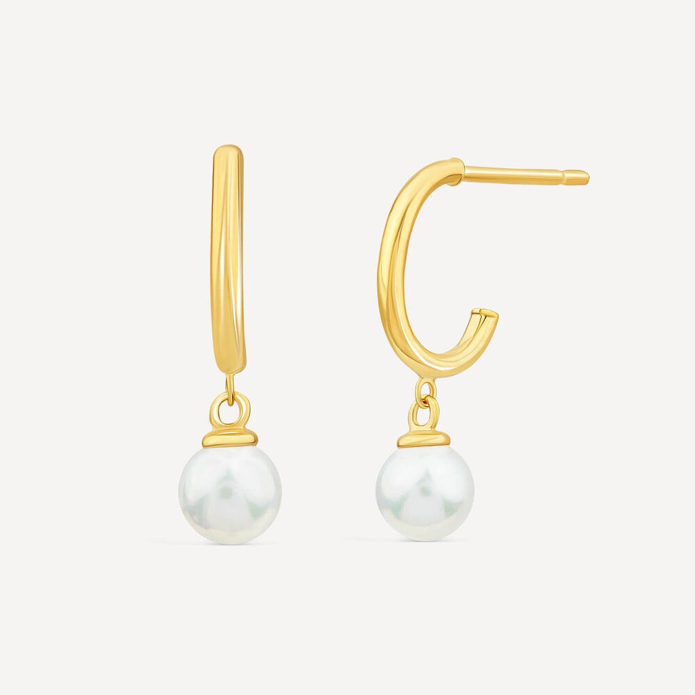 9ct Yellow Gold Hoop Pearl Drop Earrings image number 1