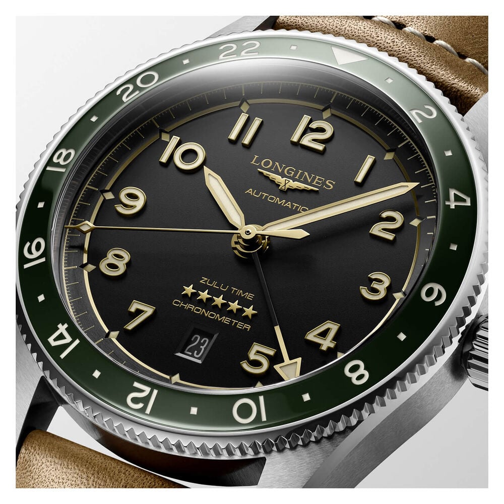 Longines Avigation Spirit Zulu 42mm Automatic Black Dial Green Bezel Brown Leather Strap Watch image number 3