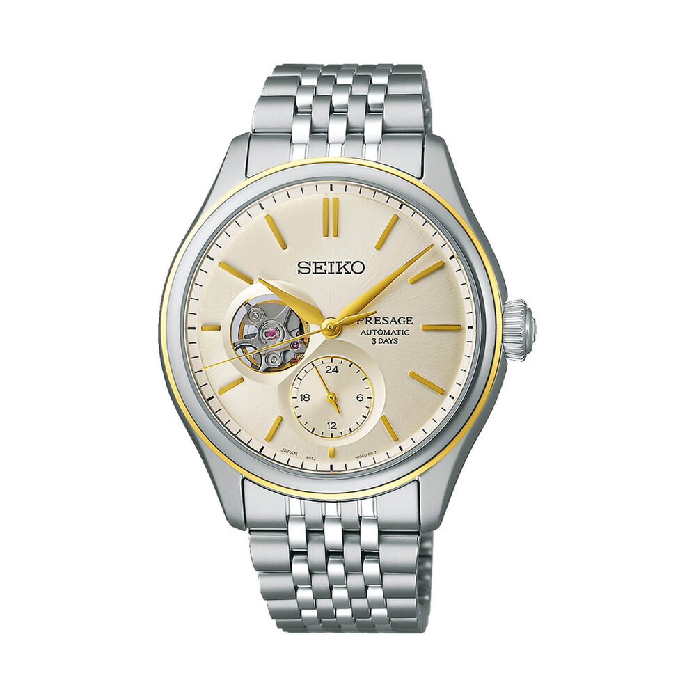 Seiko Presage Classic Series 40.2mm Open Heart Delicate Cream Silk Steel Bracelet Watch image number 0