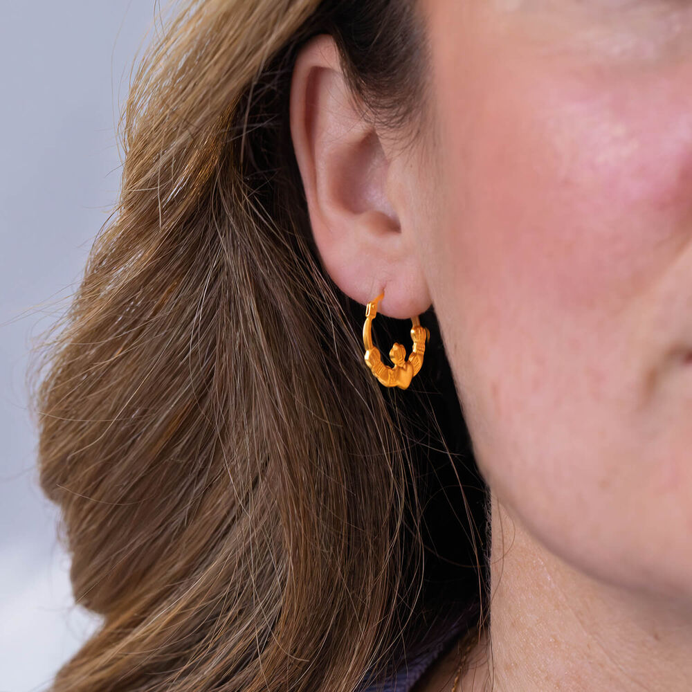 9ct Yellow Gold Mini Claddagh Creole Hoop Earrings