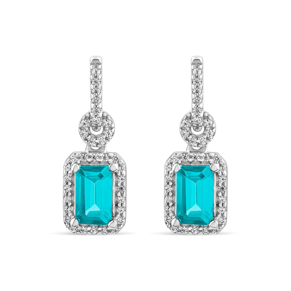 9ct White Gold Blue Topaz & 0.20ct Diamond Halo Drop Earrings