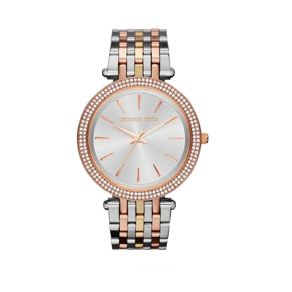 Pre-Owned Michael Kors Darci 39mm Silver Dial Cubic Zirconia Bezel Three Tone Bracelet Watch