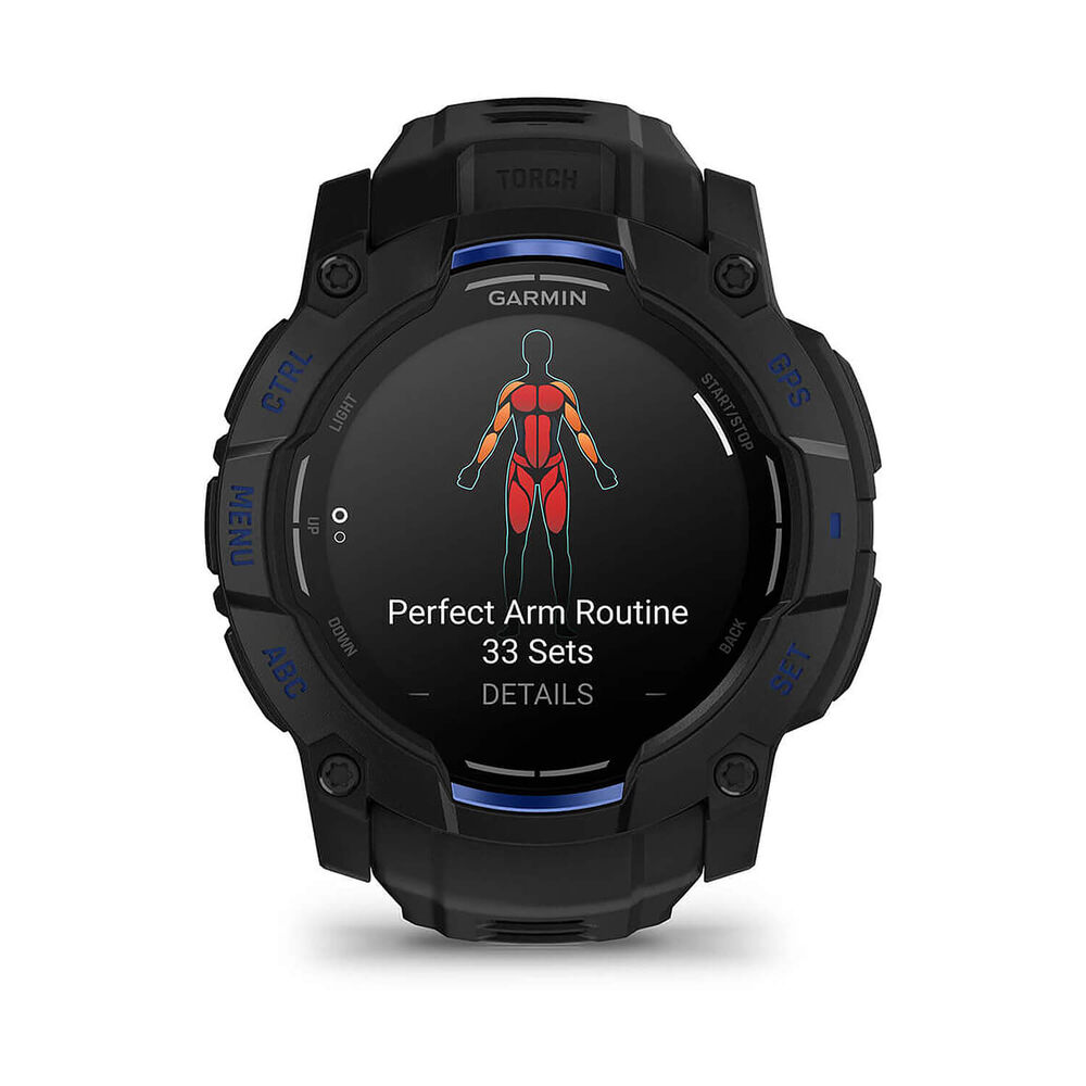 Garmin Instinct 3 50mm AMOLED Black Bezel Black & Bolt Blue Silicone Strap Watch image number 2