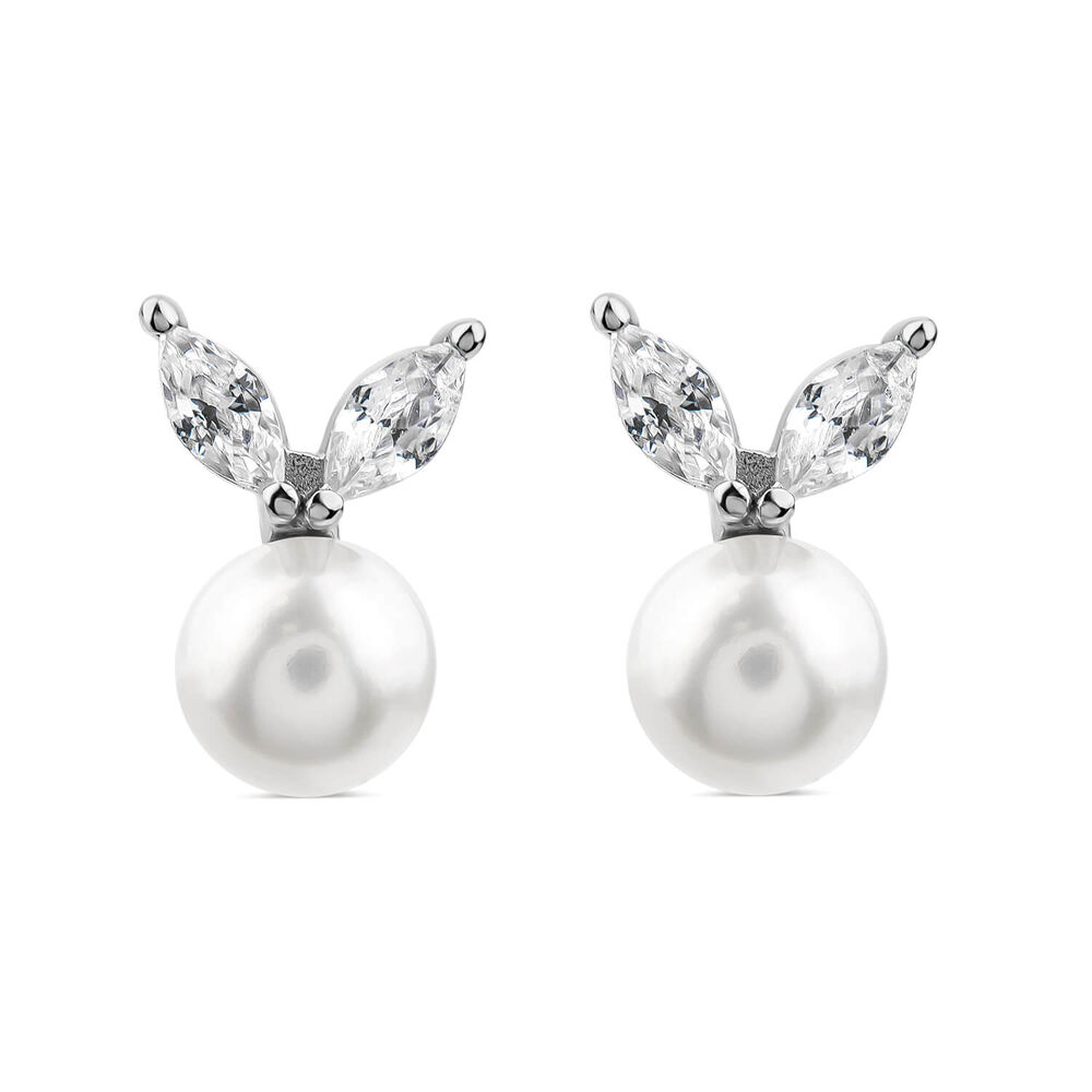 Sterling Silver Pearl With Cubic Zirconia Petals Stud Earrings image number 0