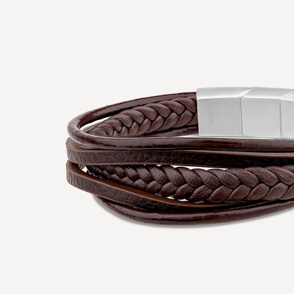 Men's Steel & Brown Multi Wrap Leather Plait Bracelet
