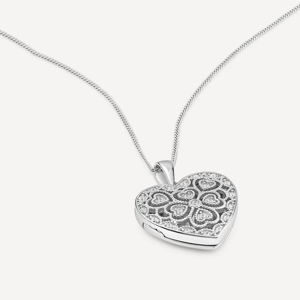 Sterling Silver Small Cubic Zirconia Antique Design Heart Locket Pendant image number 4