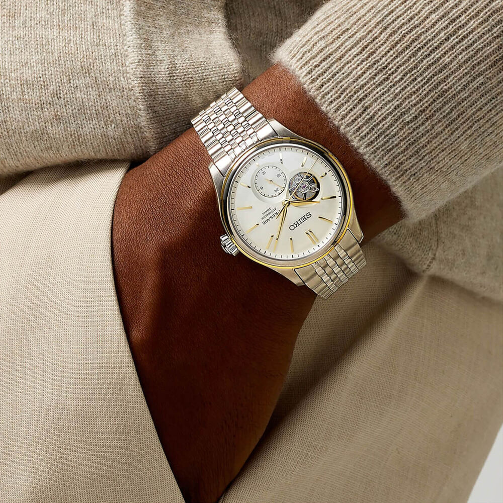 Seiko Presage Classic Series 40.2mm Open Heart Delicate Cream Silk Steel Bracelet Watch
