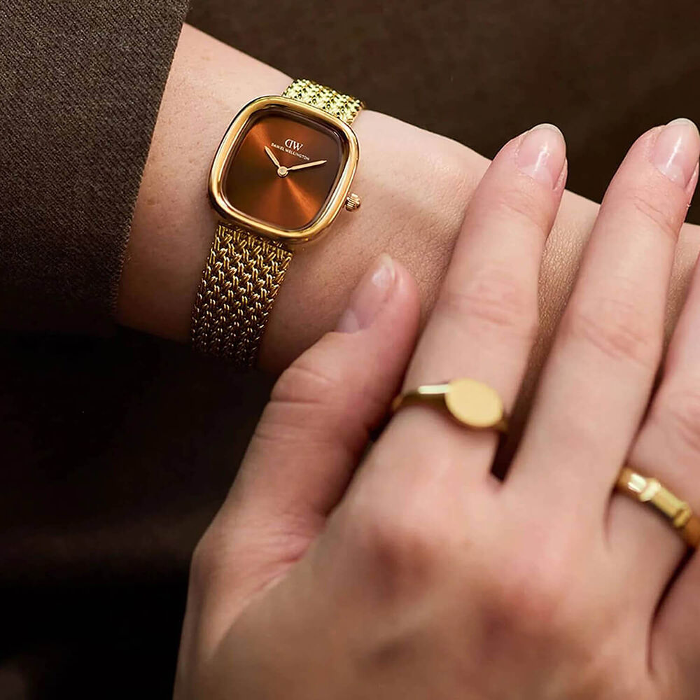 Daniel Wellington Margot 24x26mm Amber Sunray Dial Gold Tone Steel Braided Mesh Bracelet Watch
