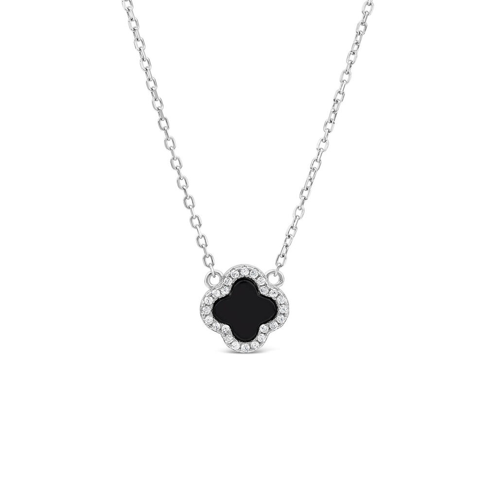 Sterling Silver Black Centre Cubic Zirconia Set Clover Petal Necklet image number 0