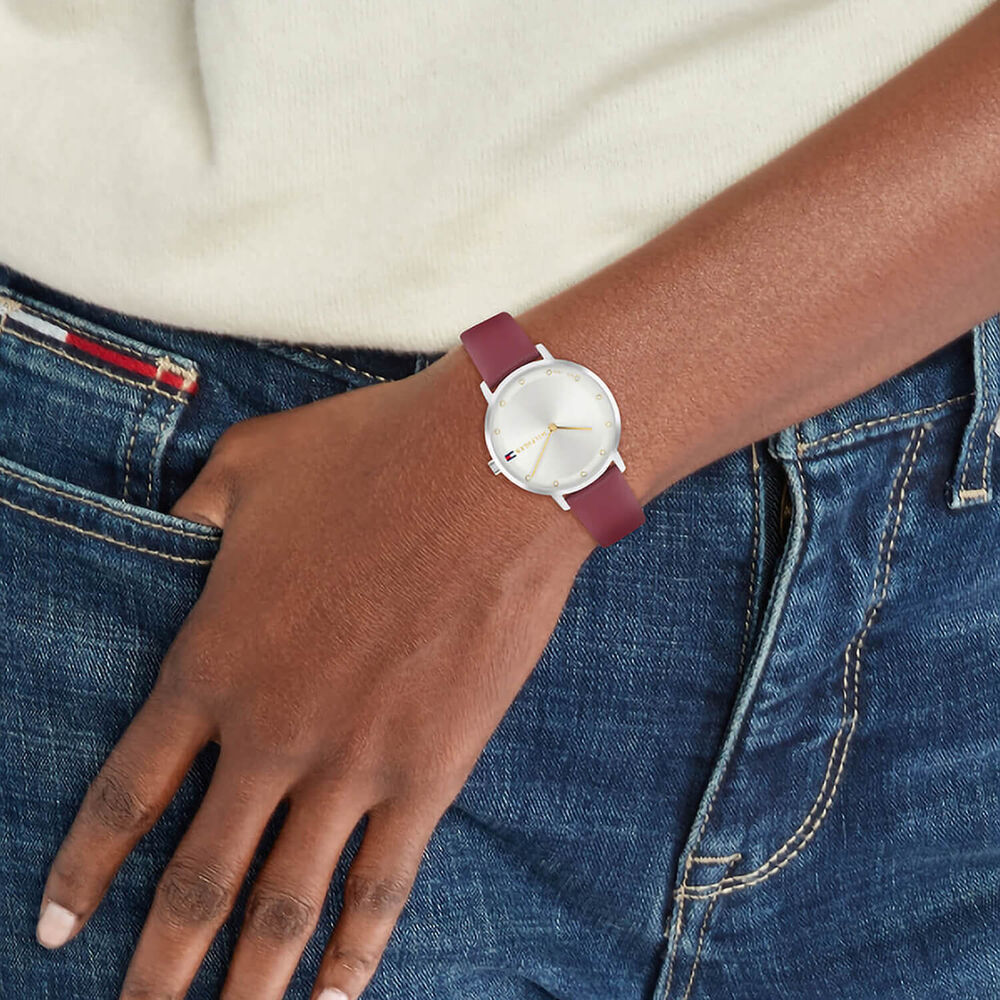 Tommy Hilfiger 34mm Silver Dial Cranberry Leather Strap Watch image number 3