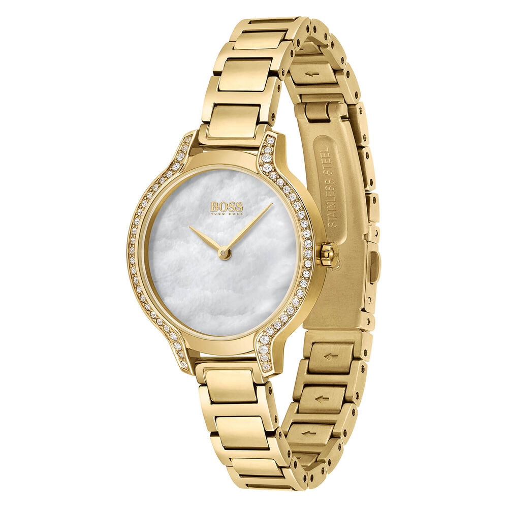 Hugo Boss Gala 28mm Mother Of Pearl Dial Cubic Zirconia Set Case Yellow Gold IP Case Bracelet Watch image number 2