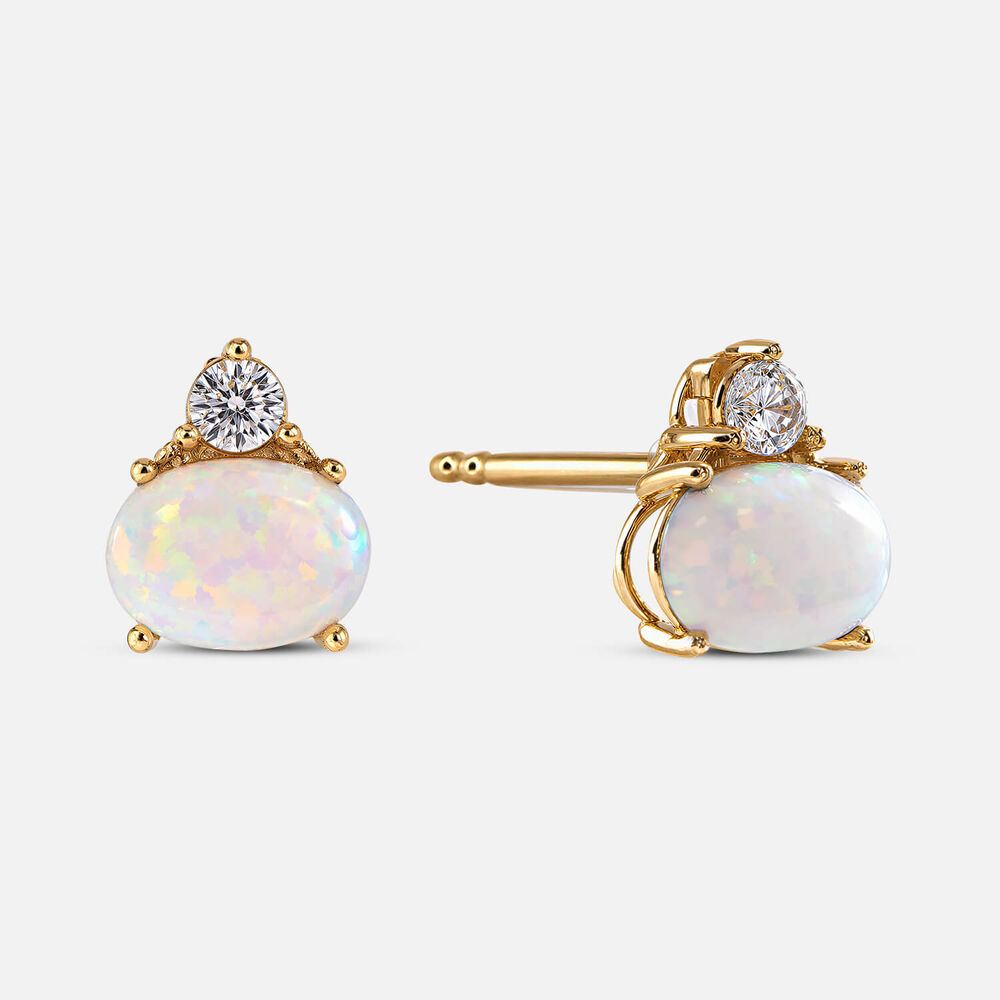 9ct Yellow Gold Oval Opal Cubic Zirconia Top Stud Earrings