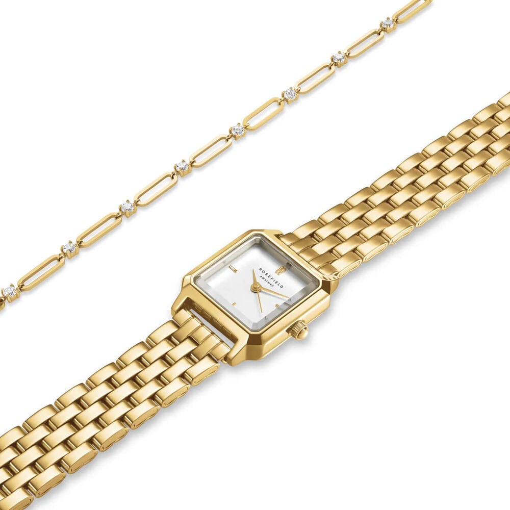 Rosefield Boxelle 19.5mm White Dial Gold Tone Bracelet Watch & Paperclip Bracelet Gift Set