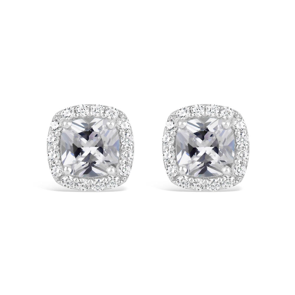 9ct White Gold Cubic Zirconia Square Halo Stud Earrings image number 0