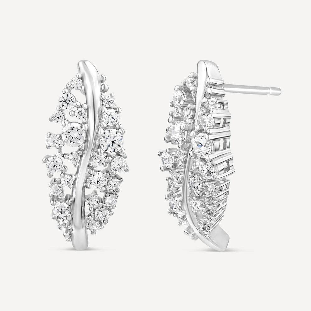 Sterling Silver Cubic Zirconia Set Leaf Stud Earrings image number 1