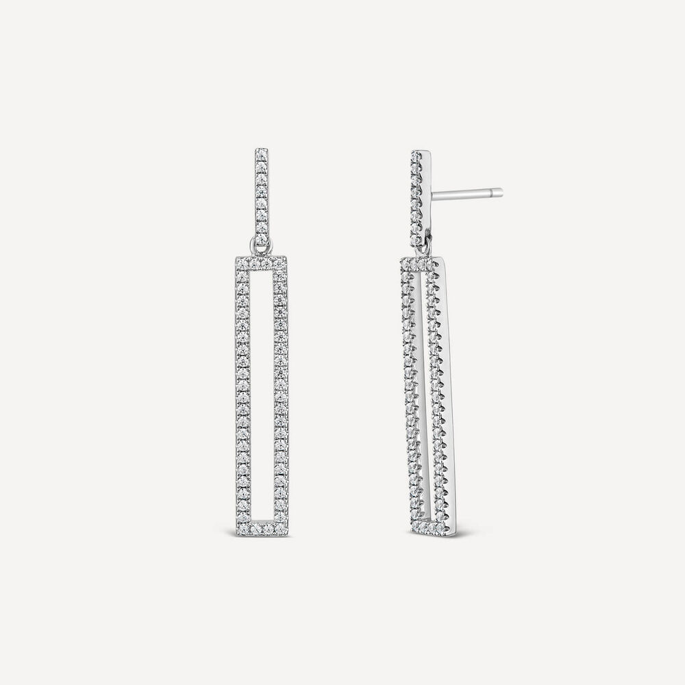 Sterling Silver Open Rectangle Cubic Zirconia Pave Set Drop Earrings