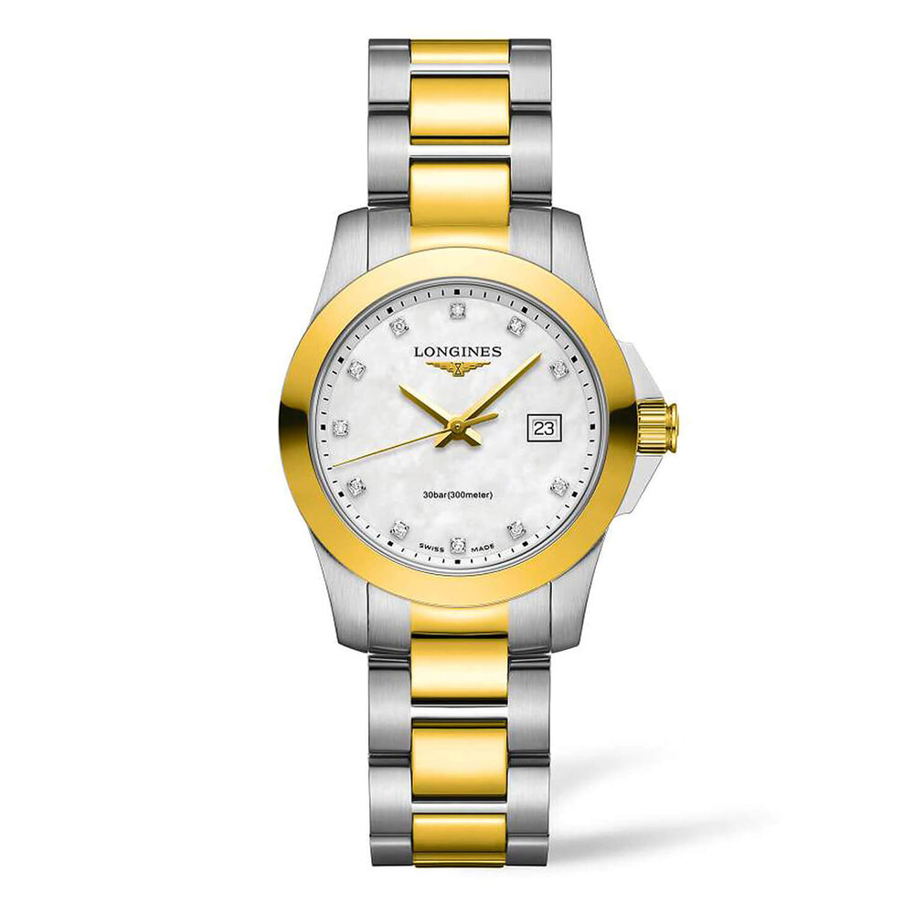 Longines Conquest 29.5mm Mother of Pearl Diamond Dot Dial Yellow Gold & Steel Case Bracelet Watch image number 0