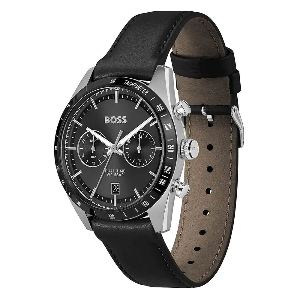 BOSS Tourmaster 41mm Black Dial Black Leather Strap Watch image number 1