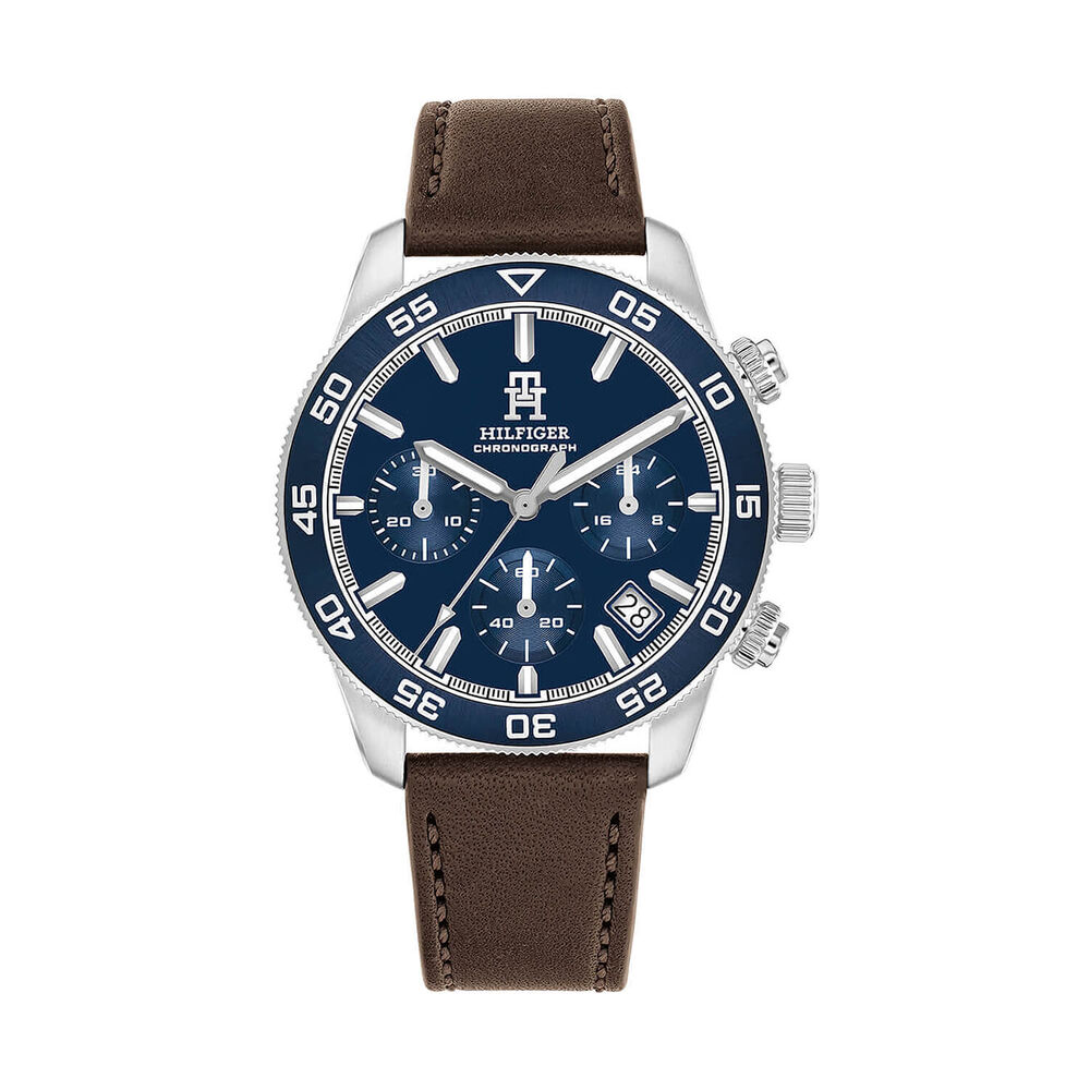 Tommy Hilfiger 41mm Blue Dial & Bezel Steel Case Brown Leather Strap Watch
