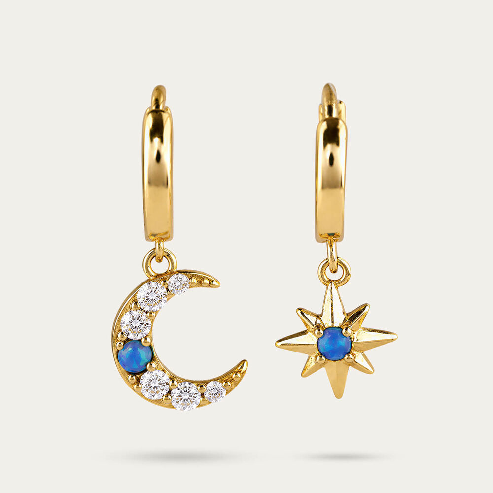 Yellow Gold Plated Sterling Silver Moon & Star Mixed Pair Drop Earrings