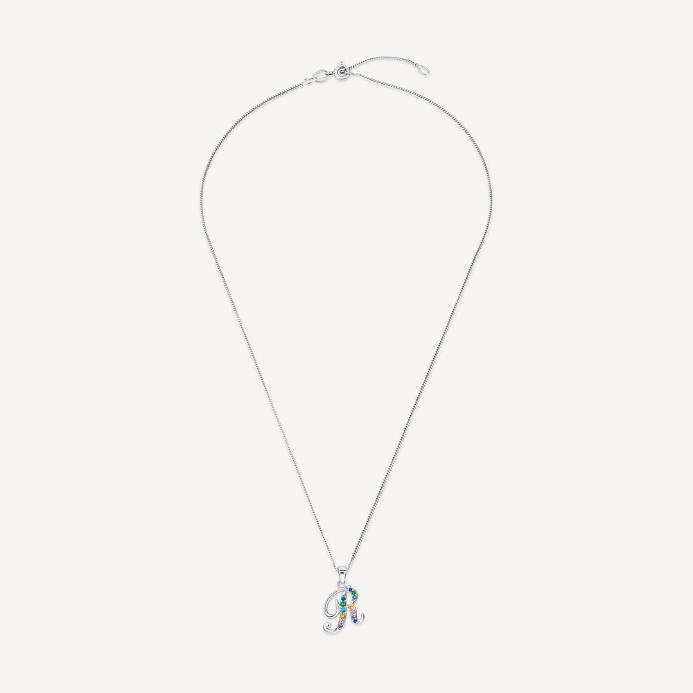 Sterling Silver Coloured Stone Set Initial "R" Pendant - Chain Included image number 2