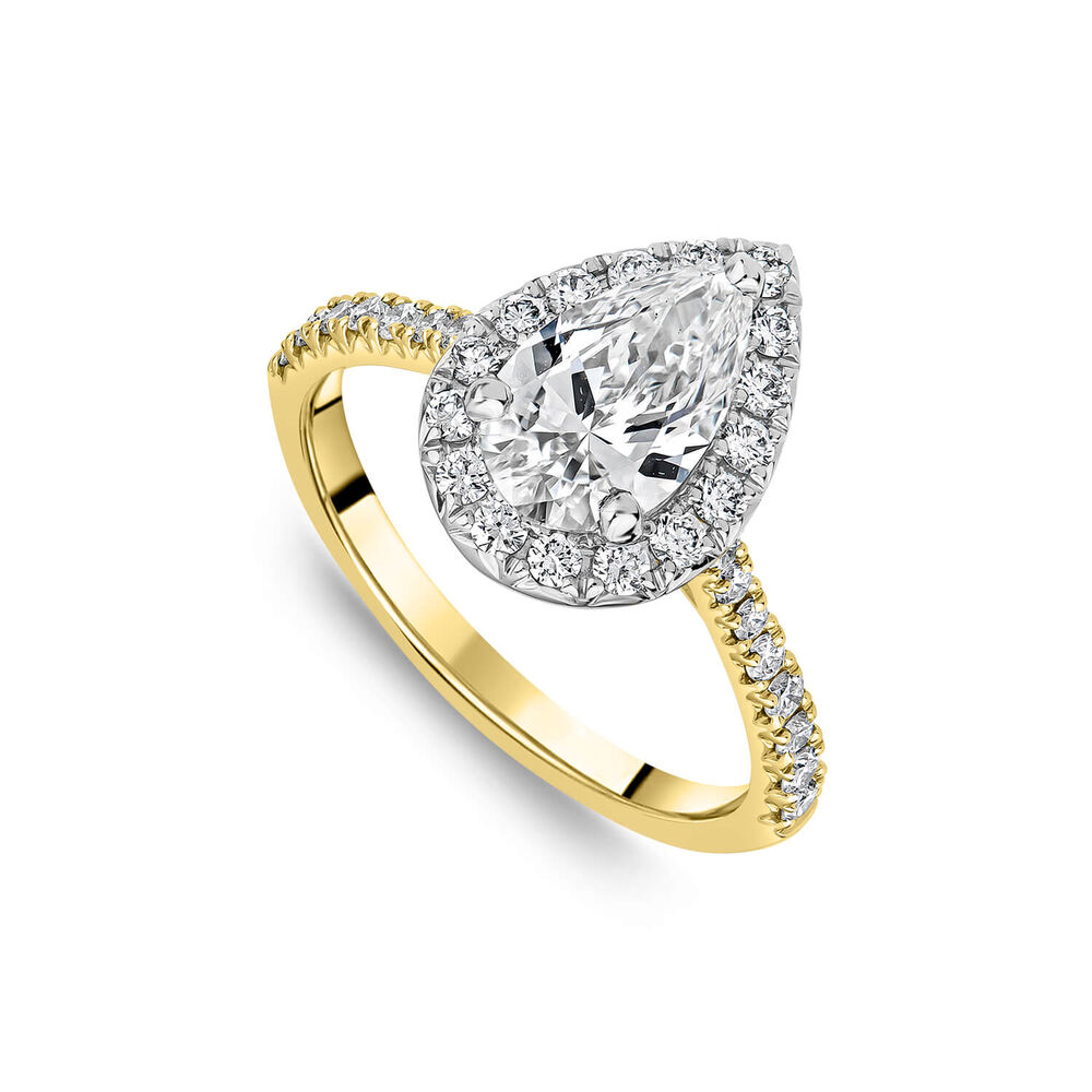 Born 18ct Yellow Gold 1.61ct Lab Grown Pear Halo & Diamond Sides Ring image number 0