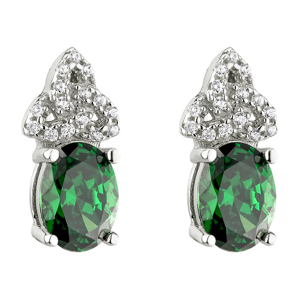 Solvar Sterling Silver Green Crystal Trinity Knot Earrings image number 0