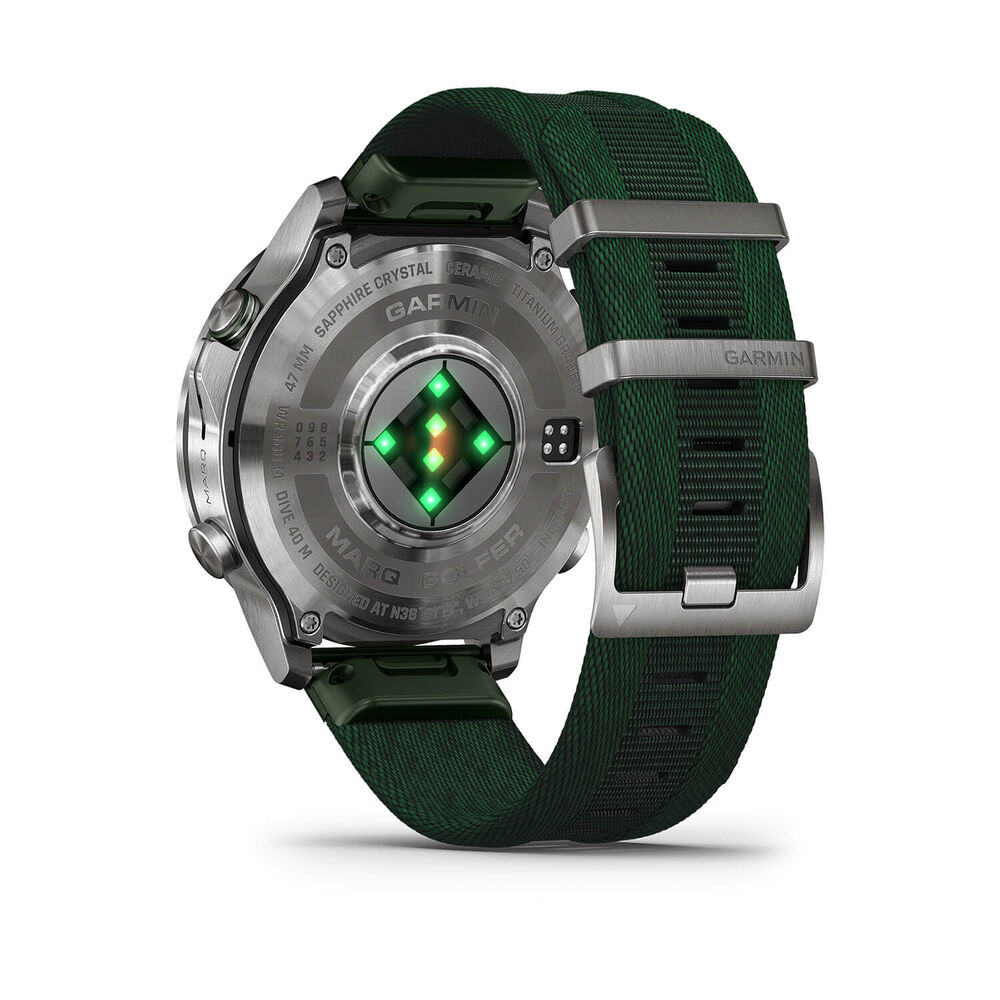 Garmin MARQ Golfer (Gen 3) 47mm Grade 5 Titanium Case Green Jacquard Woven Nylon Strap Watch