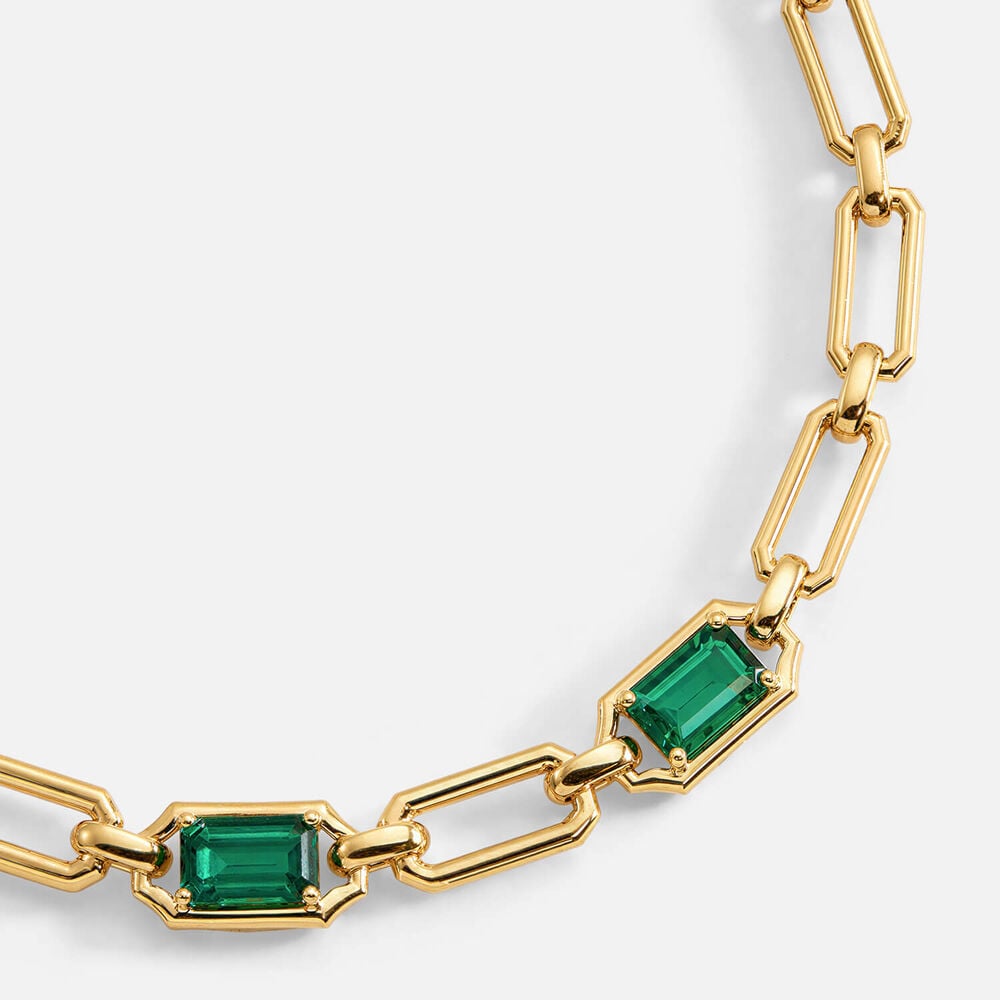 Yellow Gold Plated Vermeil Sterling Silver Created Emerald Rectangular Link Bracelet