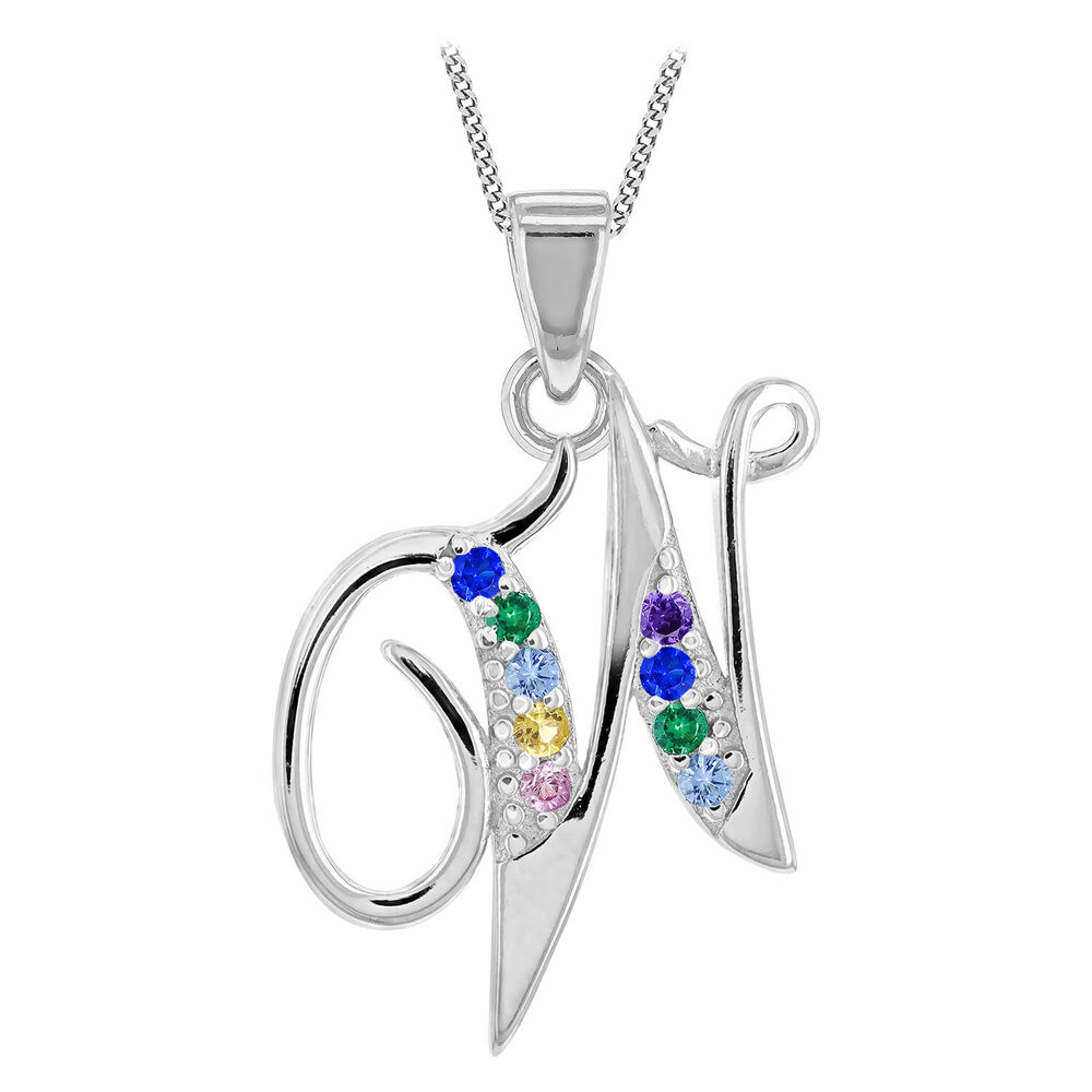 Sterling Silver Coloured Stone Set Initial "W" Pendant - Chain Included image number 0