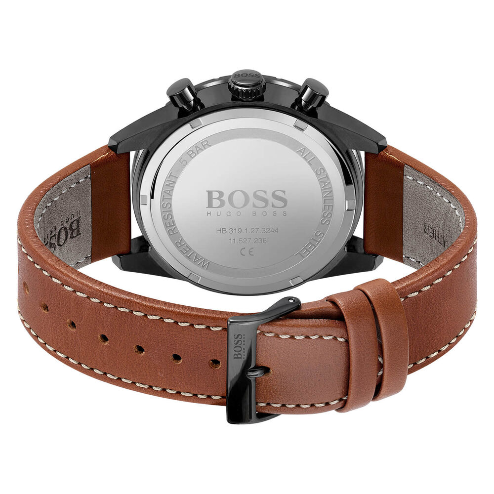 BOSS Pilot Chronograph 44mm Black Dial Black PVD Case Brown Strap Watch