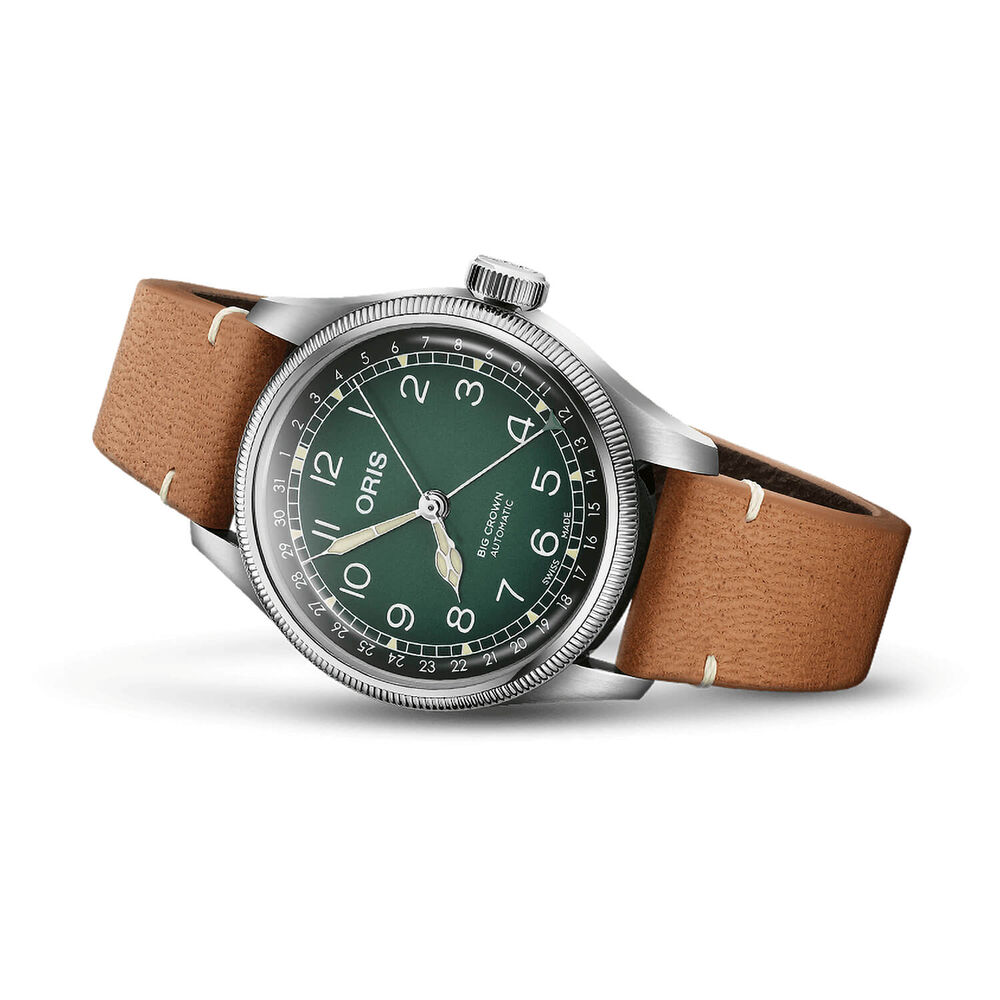 Oris Big Crown 38mm Green Dial Steel Case Tan Strap Watch