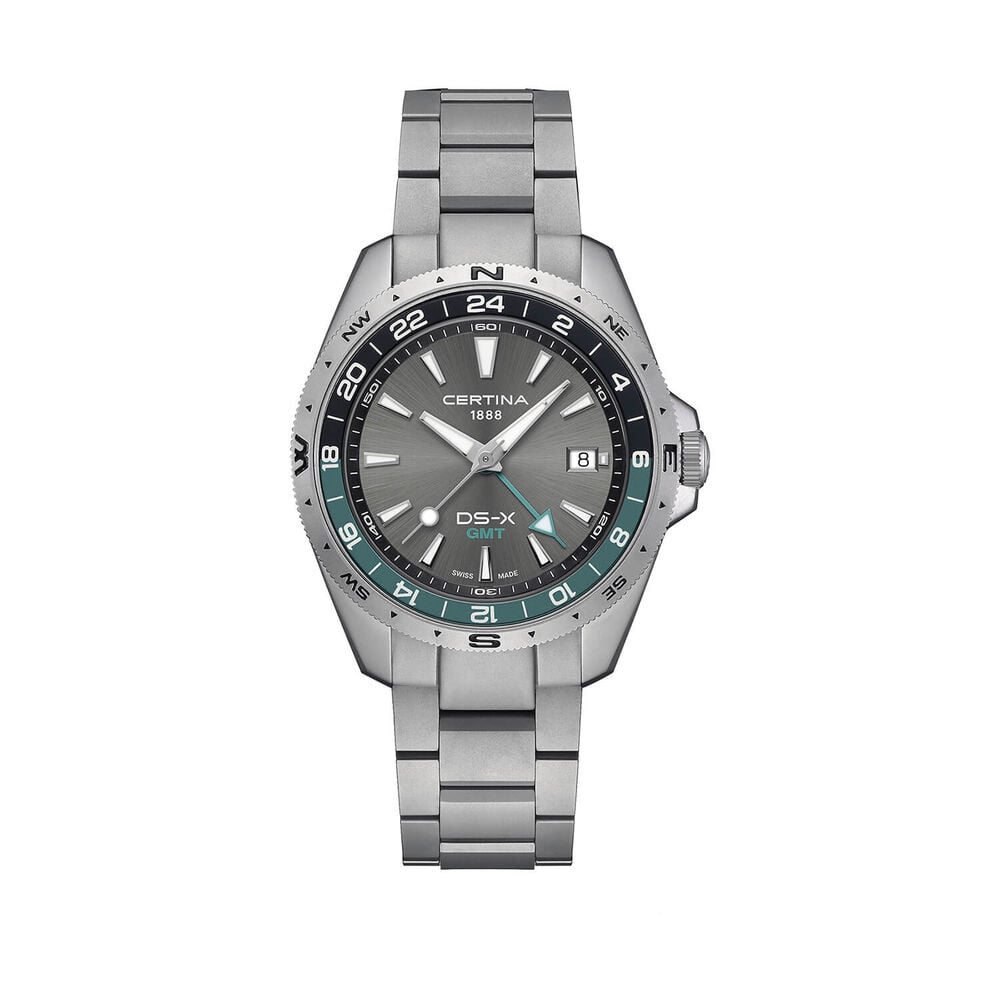 Certina DS-X GMT 41mm Grey Dial Black & Green Bezel Stainless Steel Bracelet Watch image number 0