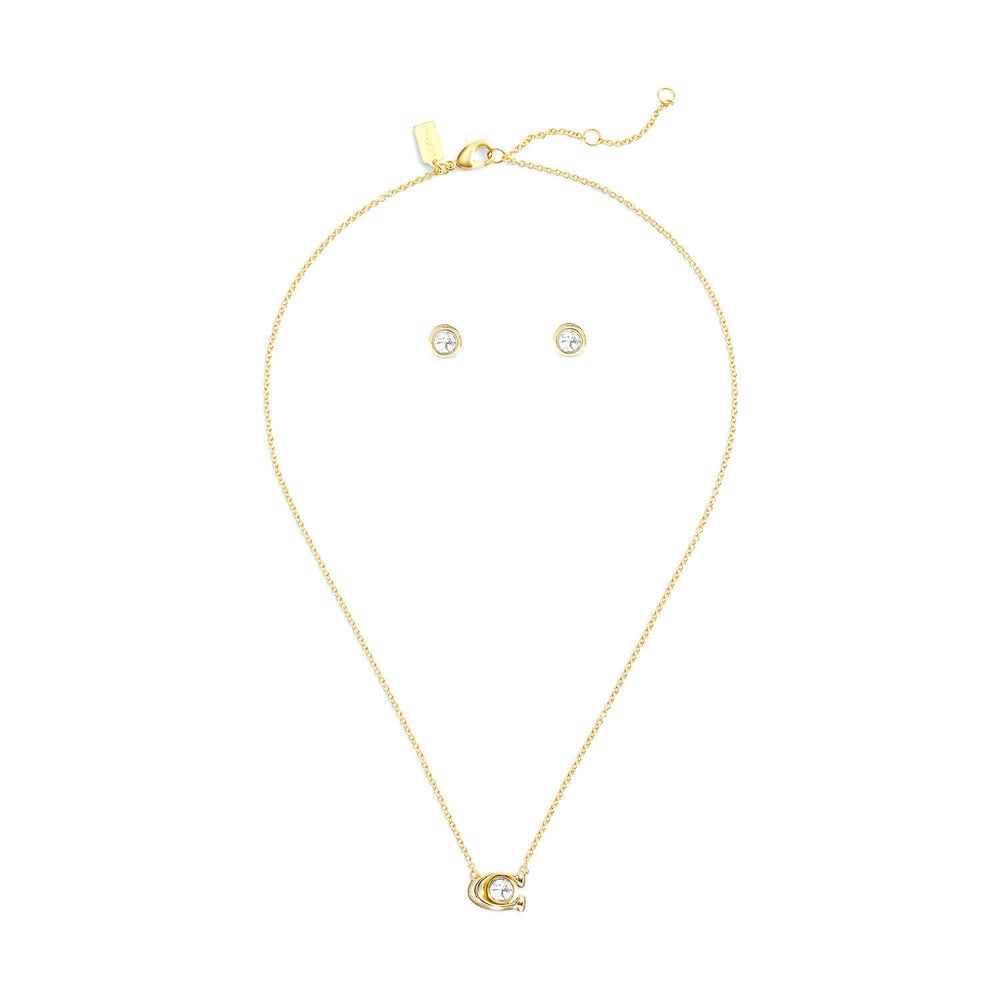 Coach Signature Gold Tone Brass Crystal Necklace & Earrings Set
