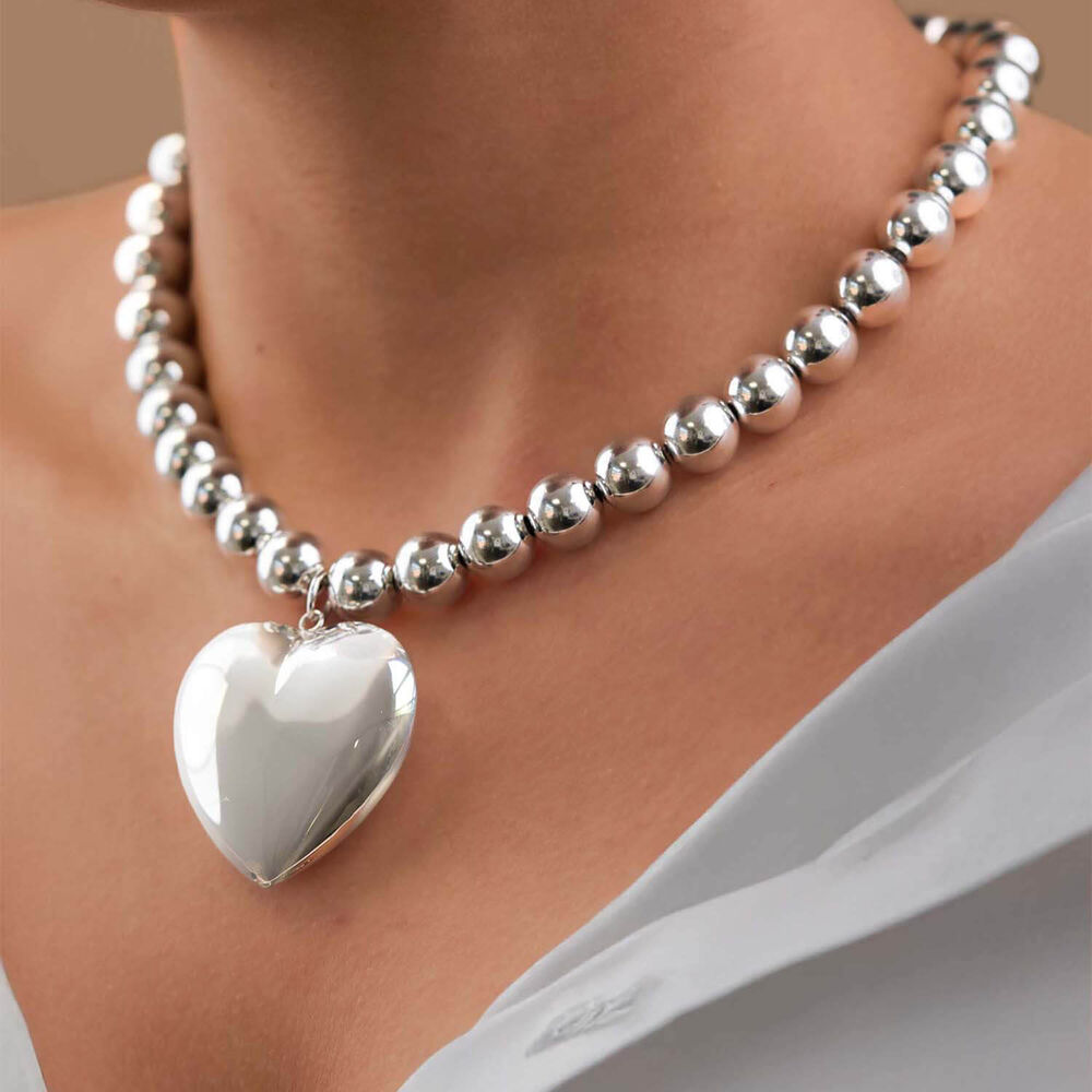 Sterling Silver Large Chunky Heart Beaded Necklet image number 3