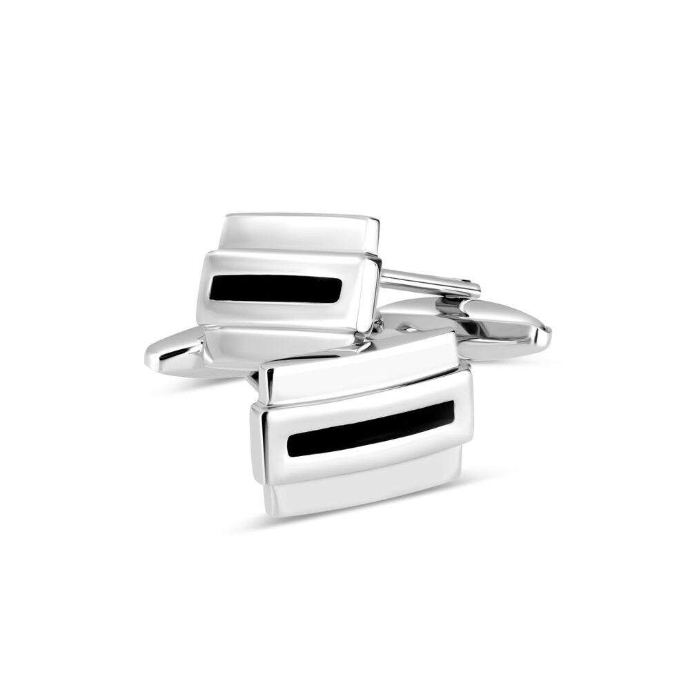 Gents Silver-Plated Rectangular Black Stripe Cufflinks image number 2