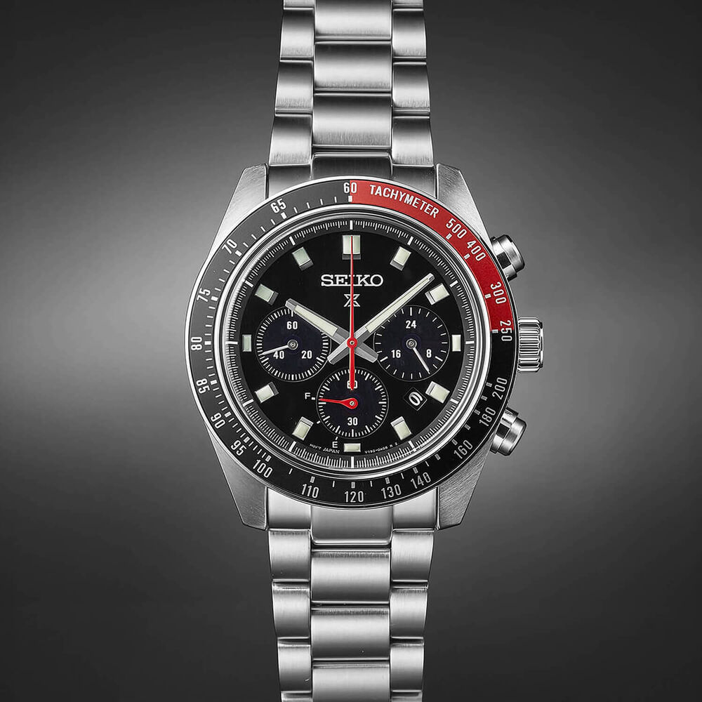 Seiko Prospex Speedtimer 41.4mm Solar Chronograph Black & Red Bezel Steel Bracelet Watch image number 3