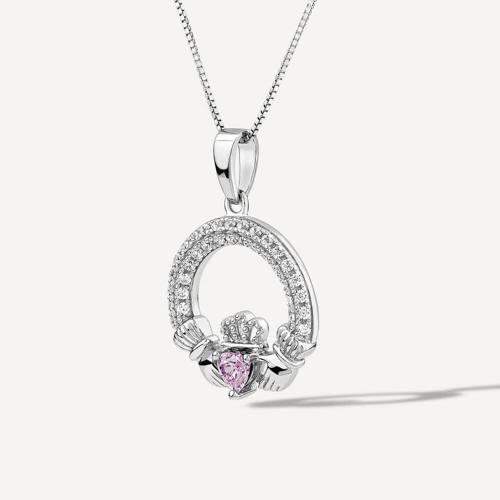 Sterling Silver February Birthstone Pave Cubic Zirconia Claddagh Pendant image number 1