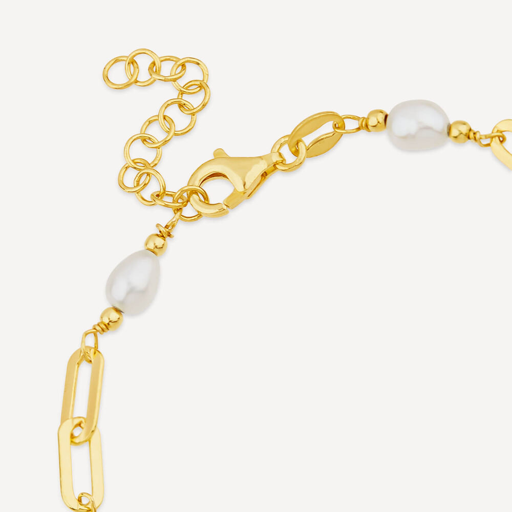 Yellow Gold Plated Sterling Silver Stationed Pearl Paperlink Bracelet image number 4