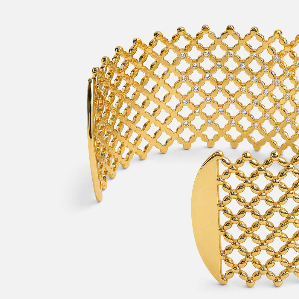 Yellow Gold Plated Sterling Silver Cubic Zirconia Filigree Cuff Bangle
