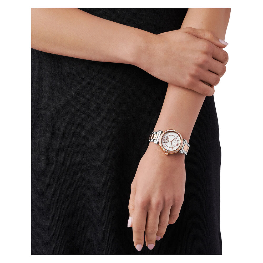 Michael Kors Abbey 36mm Mother of Pearl Dial Cubic Zirconia Set Bezel Rose Gold IP Steel Case Bracelet Watch